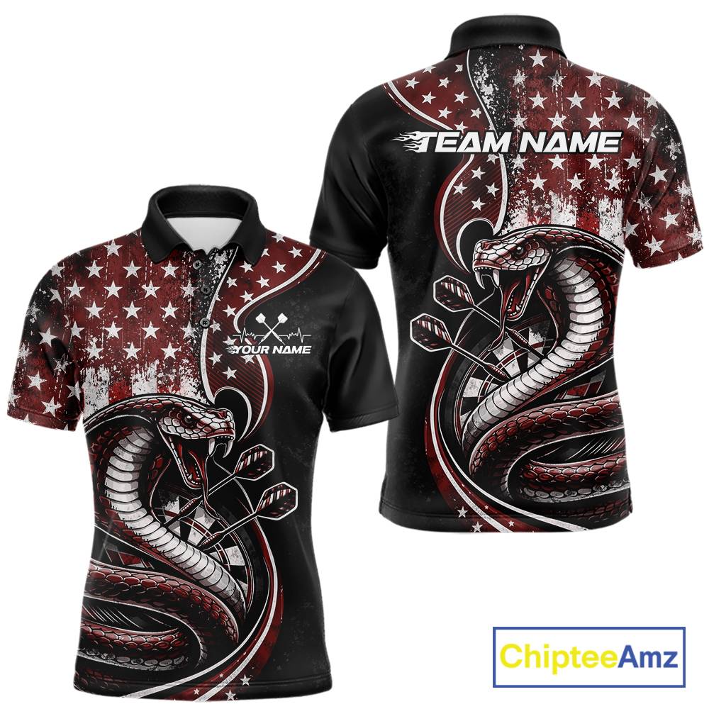 Customizable red and black stars and stripes patriotic cobra snake men's dart polo shirt featuring a "TEAM NAME" text on the back.
