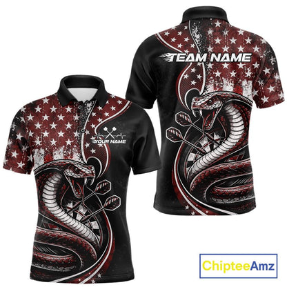 Customizable red and black stars and stripes patriotic cobra snake men's dart polo shirt featuring a "TEAM NAME" text on the back.