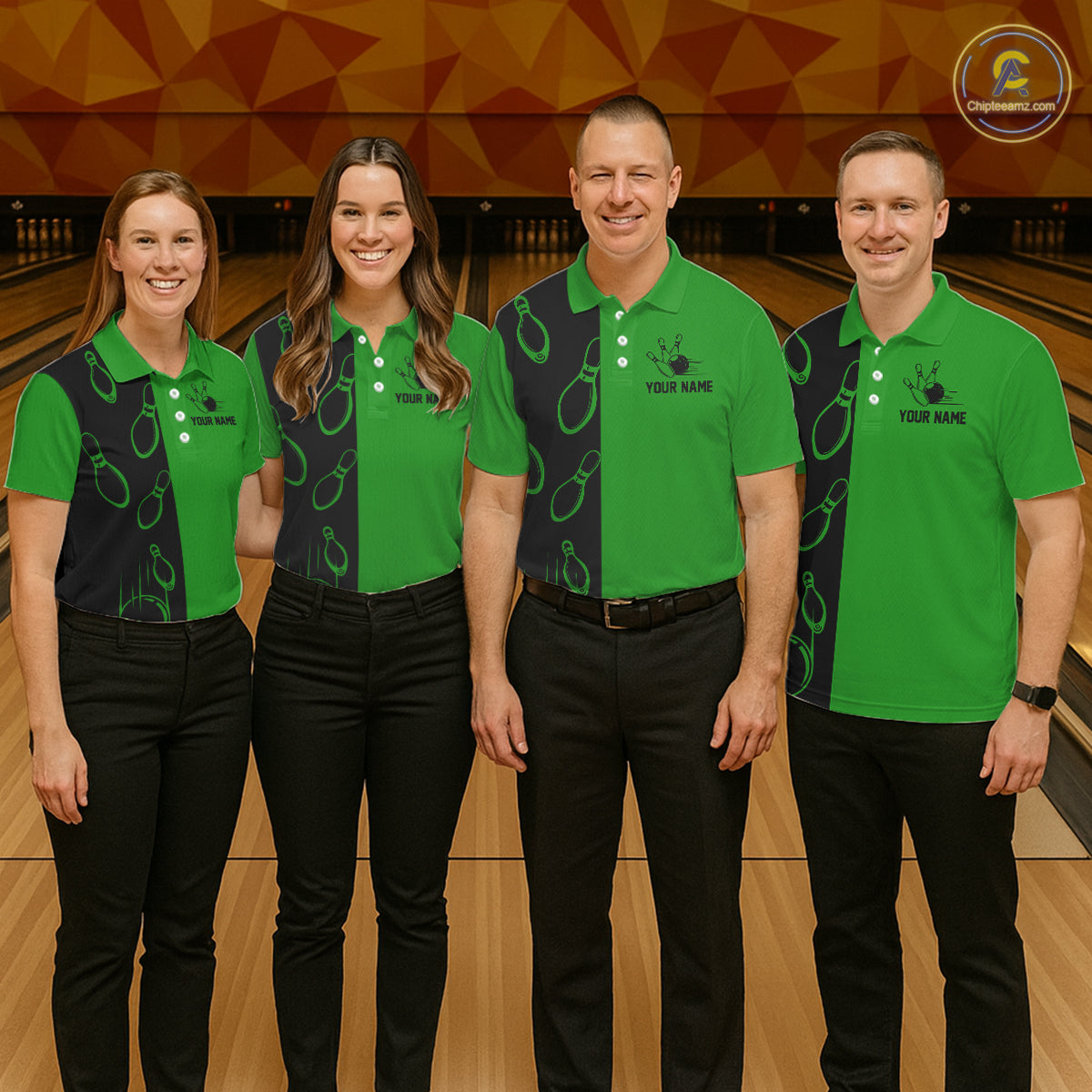 Green and Black retro vintage Bowling polo, quarter zip shirts for Women custom Bowling team jerseys NQS11564