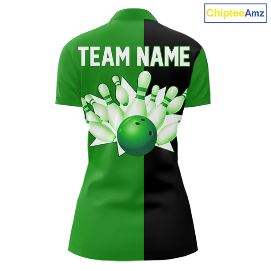 Green and Black retro vintage Bowling polo, quarter zip shirts for Women custom Bowling team jerseys NQS11564