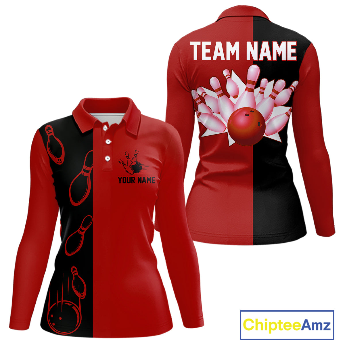 Red and Black retro vintage Bowling polo, quarter zip shirts for Women custom Bowling team jerseys NQS11565