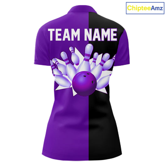 Purple and Black retro vintage Bowling polo, quarter zip shirts for Women custom Bowling team jerseys NQS11566
