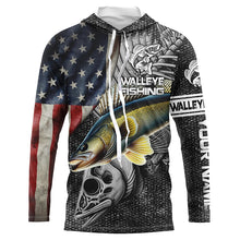 Load image into Gallery viewer, Walleye Fishing American Flag patriotic Custom Name UV protection long sleeve fishing shirts NQS1389