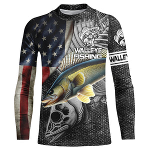 Walleye Fishing American Flag patriotic Custom Name UV protection long sleeve fishing shirts NQS1389