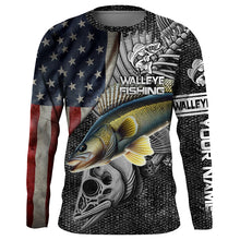 Load image into Gallery viewer, Walleye Fishing American Flag patriotic Custom Name UV protection long sleeve fishing shirts NQS1389