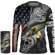 Load image into Gallery viewer, Walleye Fishing American Flag patriotic Custom Name UV protection long sleeve fishing shirts NQS1389