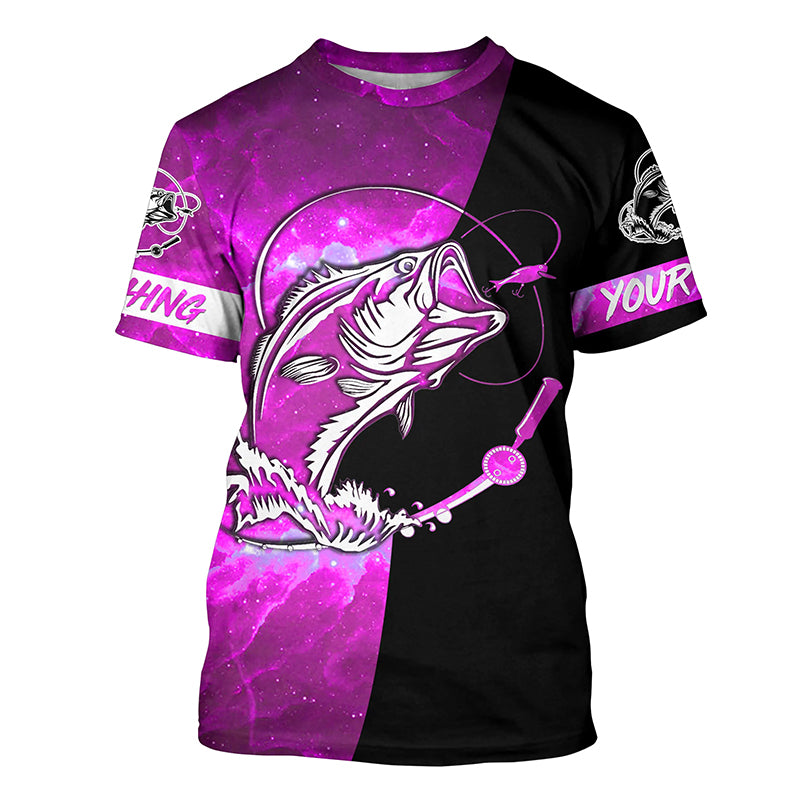 Bass Fishing tattoo pink galaxy black Custom name performance UV protection long sleeve fishing shirts NQS5399