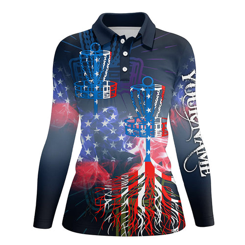 Womens disc golf polo shirt custom name American flag disc golf basket, personalized disc golf shirts NQS5677