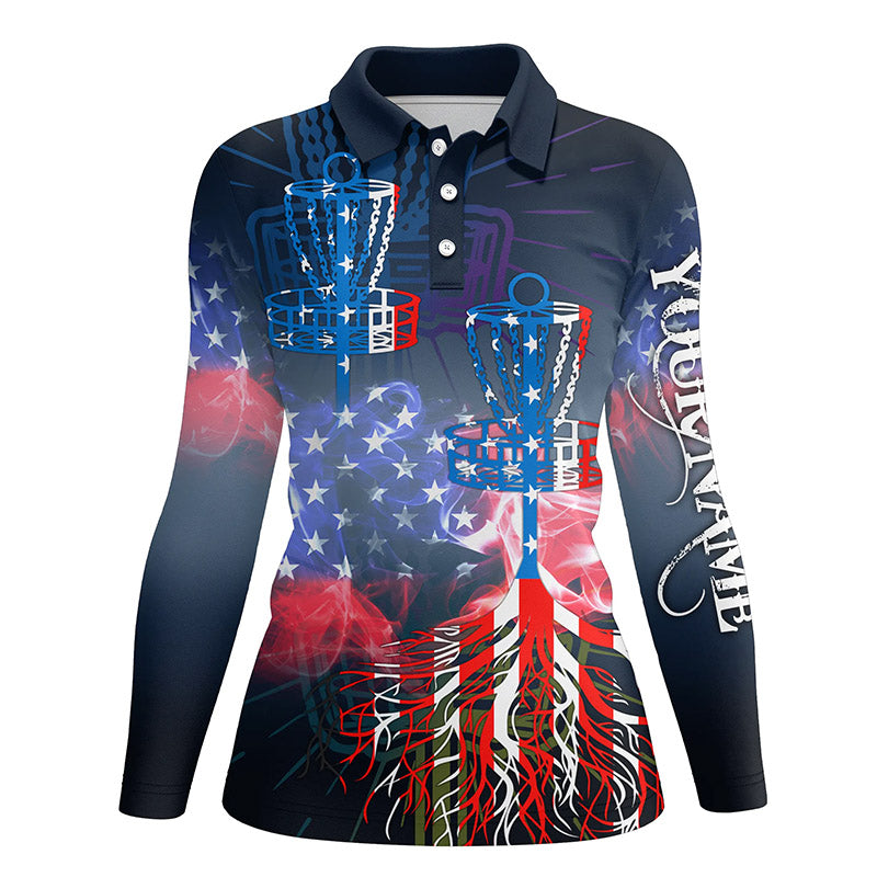 Womens disc golf polo shirt custom name American flag disc golf basket, personalized disc golf shirts NQS5677
