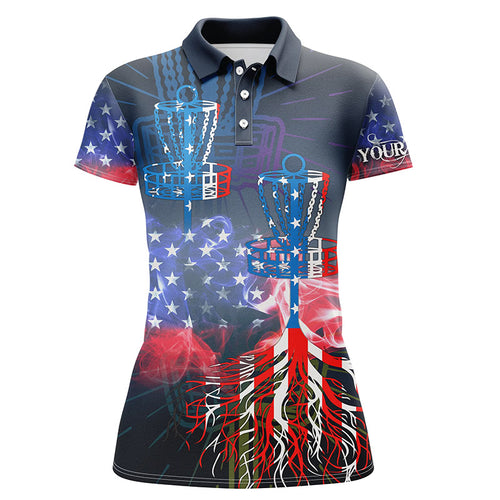 Womens disc golf polo shirt custom name American flag disc golf basket, personalized disc golf shirts NQS5677