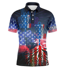 Load image into Gallery viewer, Mens disc golf polo shirt custom name American flag disc golf basket, personalized disc golf shirts NQS5677