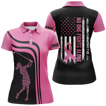 Load image into Gallery viewer, Pink Womens golf polo shirts custom no one fights alone American flag breast cancer awareness NQS6104