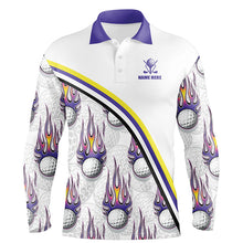 Load image into Gallery viewer, Golf balls purple flame pattern Mens Golf polo shirts custom name golf clothes for men golfing | White NQS6106