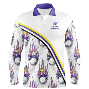 Golf balls purple flame pattern Mens Golf polo shirts custom name golf clothes for men golfing | White NQS6106