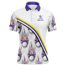 Load image into Gallery viewer, Golf balls purple flame pattern Mens Golf polo shirts custom name golf clothes for men golfing | White NQS6106