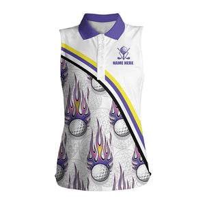 Golf balls purple flame pattern Womens sleeveless polo shirt custom golf clothes for women | White NQS6106