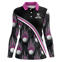 Load image into Gallery viewer, Golf balls pink flame pattern Womens golf polo shirts custom golf apparel for ladies | Black NQS6107