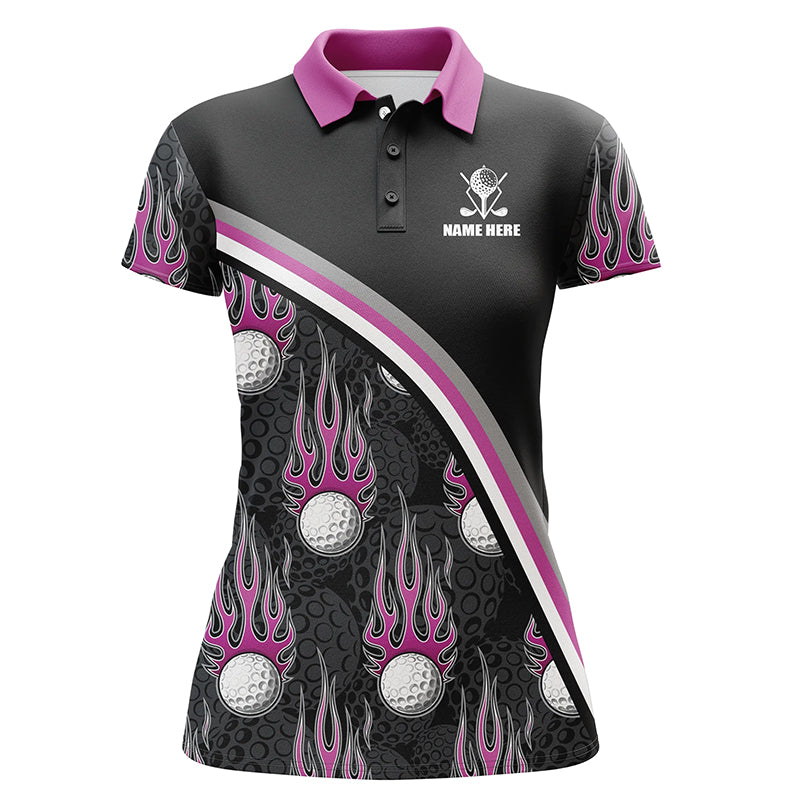 Golf balls pink flame pattern Womens golf polo shirts custom golf apparel for ladies | Black NQS6107