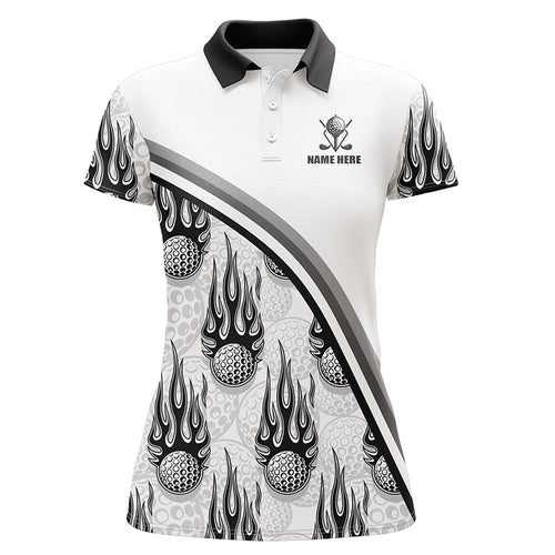 Golf balls black flame pattern Womens golf polo shirts custom golf apparel for ladies | White NQS6108