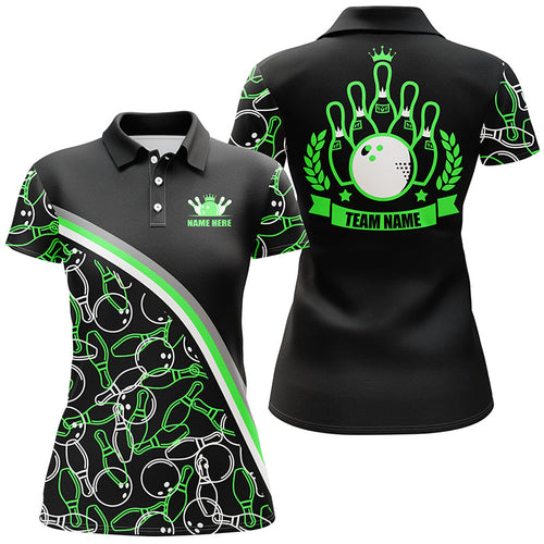 Personalized bowling polo shirts for women Custom name black green bowling pattern, bowling team shirt NQS5443