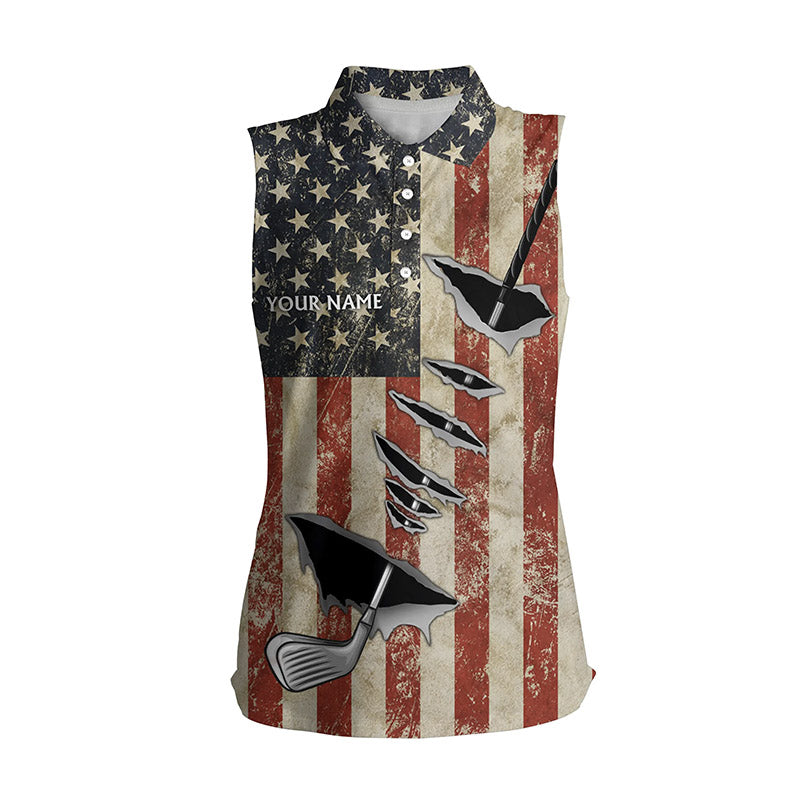 Vintage American flag golf clubs Women sleeveless polo shirt custom name patriotic golf gifts NQS5687