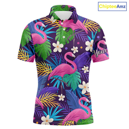 Colorful floral flamingo pattern tropical leaves matching golf polos for couples Custom Valentine gift NQS3897