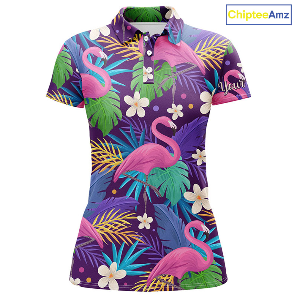 Colorful floral flamingo pattern tropical leaves matching golf polos for couples Custom Valentine gift NQS3897