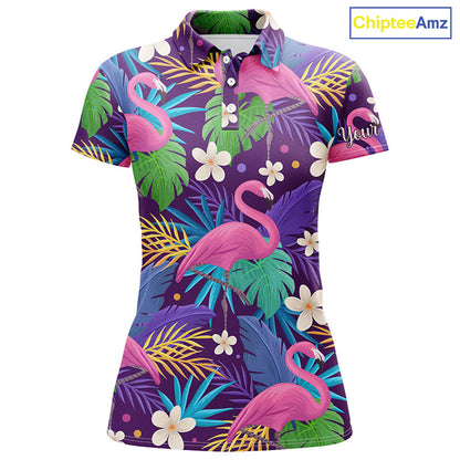 Colorful floral flamingo pattern tropical leaves matching golf polos for couples Custom Valentine gift NQS3897