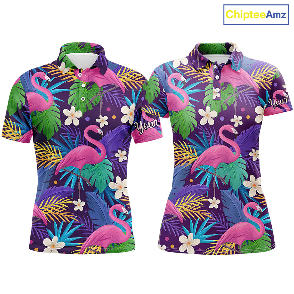 Colorful floral flamingo pattern tropical leaves matching golf polos for couples Custom Valentine gift NQS3897
