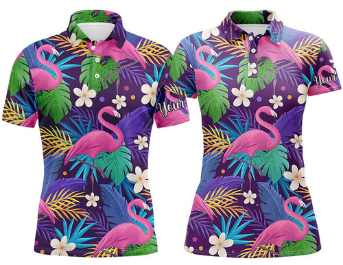 Colorful floral flamingo pattern tropical leaves matching golf polos for couples Custom Valentine gift NQS3897