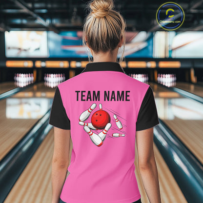 Personalized Pink Black Retro Bowling Polo shirt For women custom vintage bowling team jerseys NQS6568