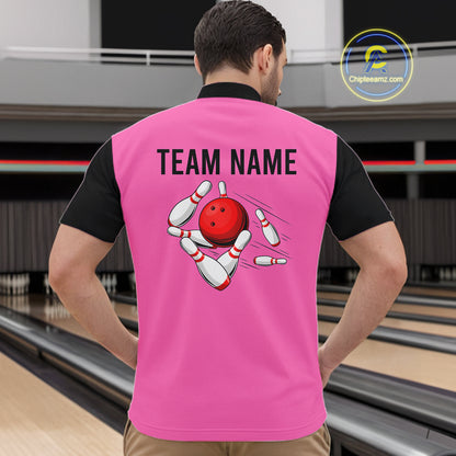 Personalized Pink Black Retro Bowling Quarter Zip shirt For Men custom vintage bowling team jerseys NQS6568