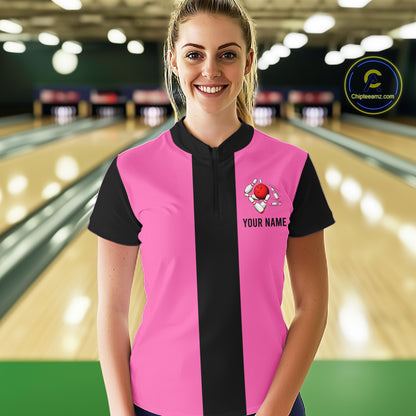 Personalized Pink Black Retro Bowling Quarter Zip shirt For women custom vintage bowling team jerseys NQS6568