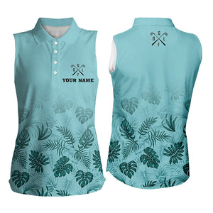 Green tropical Women sleeveless polo shirt custom ladies golf shirts NQS5708