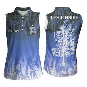 Disc golf basket blue camo Womens sleeveless polo shirt custom name disc golf team shirts for women NQS6128