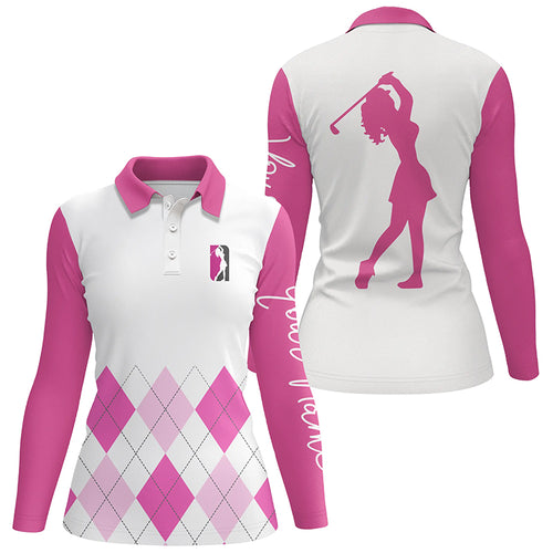 Womens golf polo shirt custom pink argyle plaid golf top for ladies NQS5238