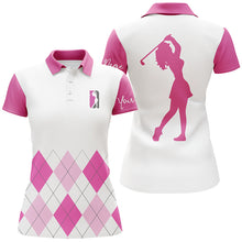 Load image into Gallery viewer, Womens golf polo shirt custom pink argyle plaid golf top for ladies NQS5238