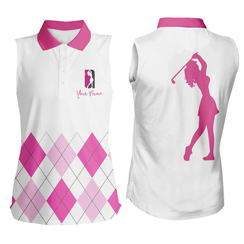 Women sleeveless polo shirt custom pink argyle plaid golf top for ladies NQS5238