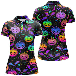 Funny Womens golf polo shirt colorful neon black Halloween background custom golf attire for women NQS6153