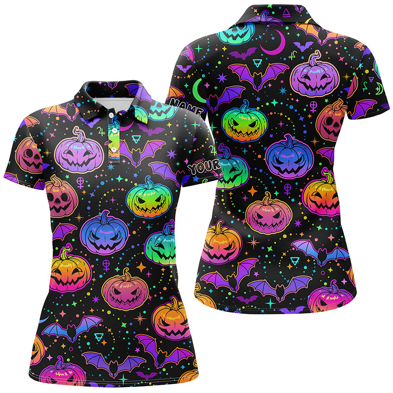 Funny Womens golf polo shirt colorful neon black Halloween background custom golf attire for women NQS6153