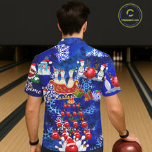 Load image into Gallery viewer, Personalized blue Christmas pattern Bowling Santa hawaiian shirts Custom team button up shirts NQS6617