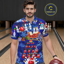 Load image into Gallery viewer, Mens Bowling Polo Shirts Custom blue Christmas pattern Bowling Santa ball pins team Mens Jersey NQS6617