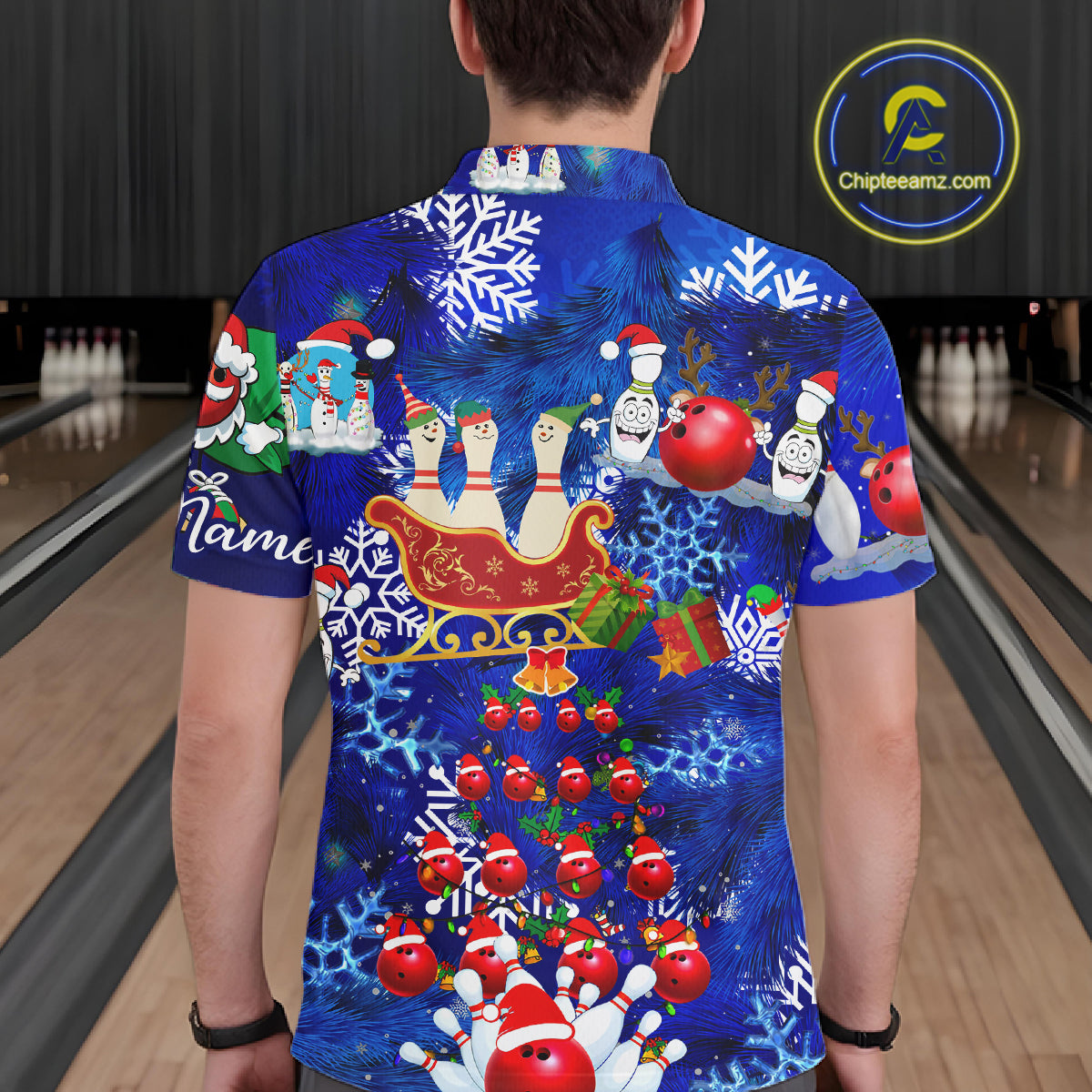 Mens Bowling Polo Shirts Custom blue Christmas pattern Bowling Santa ball pins team Mens Jersey NQS6617