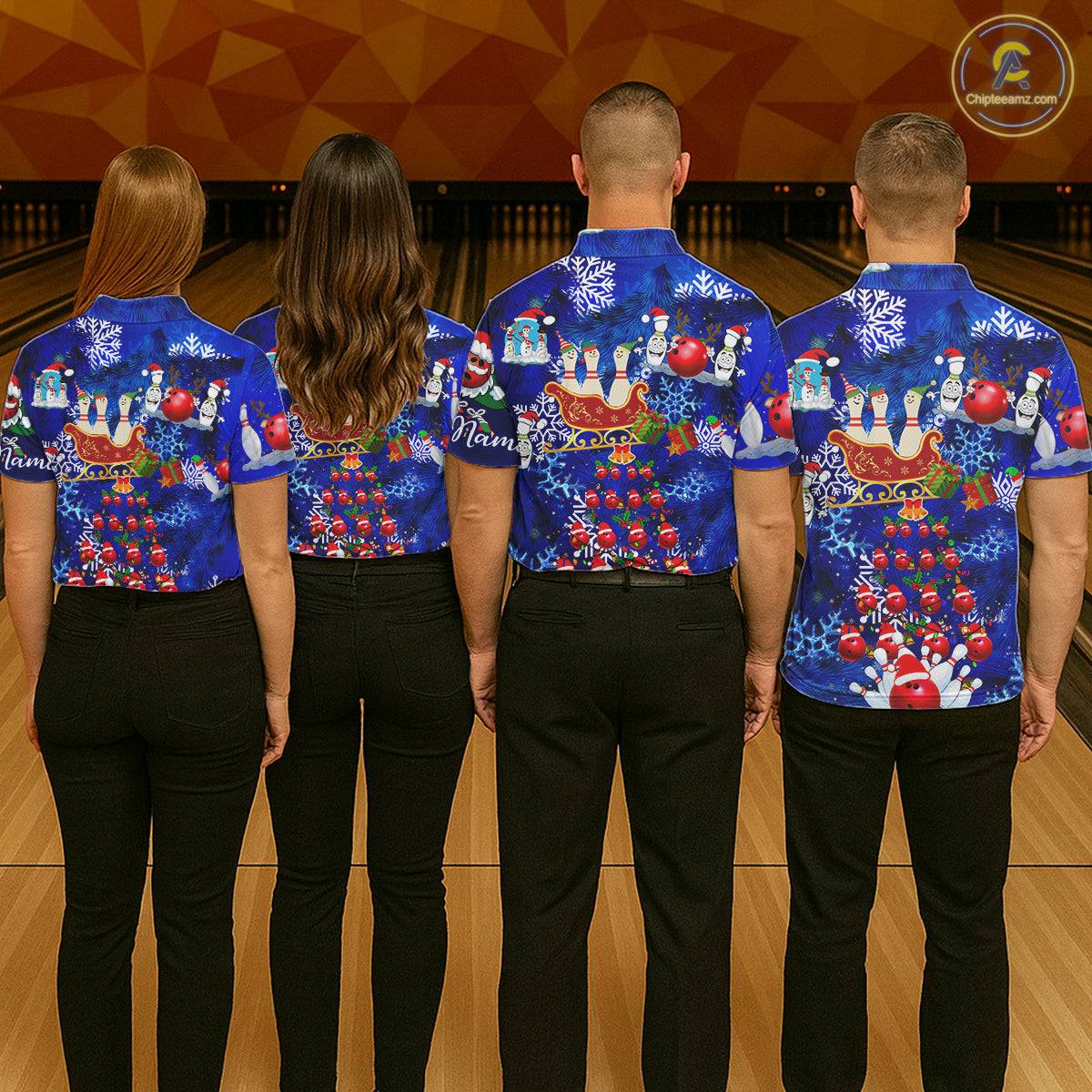 Mens Bowling Polo Shirts Custom blue Christmas pattern Bowling Santa ball pins team Mens Jersey NQS6617