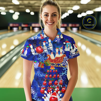 Womens Bowling Polo Shirts Custom blue Christmas pattern Bowling Santa ball pins team Ladies Jersey NQS6617