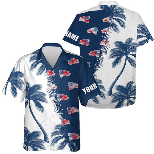 Blue and white palm tree pattern American flag Hawaiian shirt personalized golf outfit for men, women NQS5954