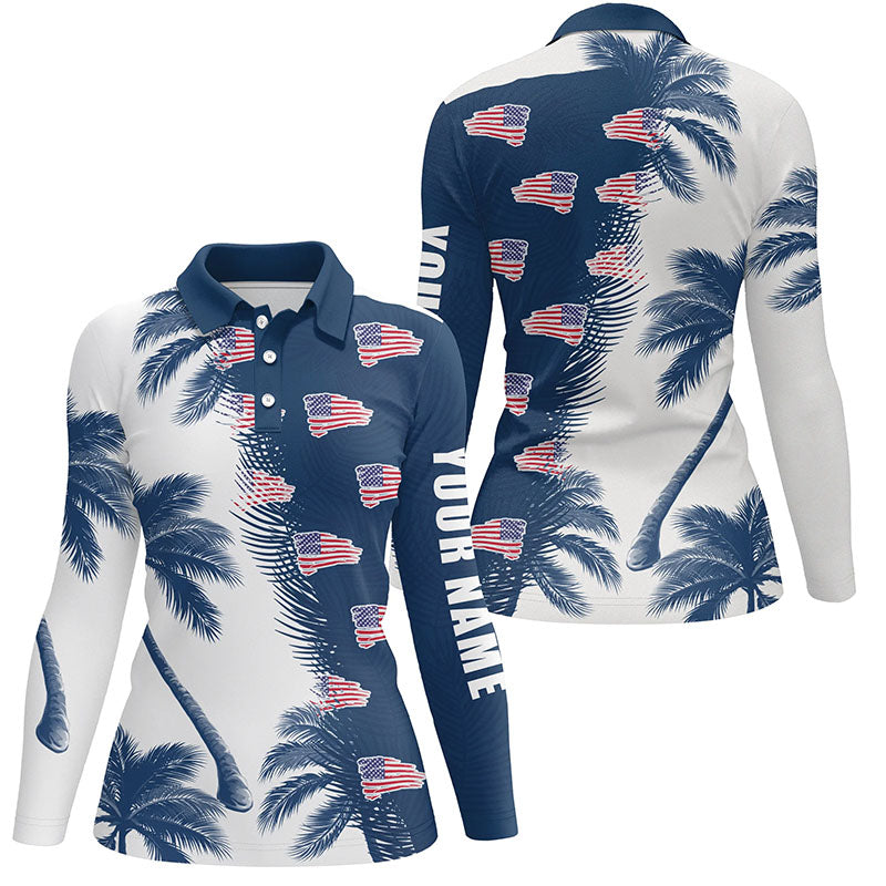 Blue and white palm tree pattern American flag Womens golf polo shirts personalized golf outfit women NQS5954