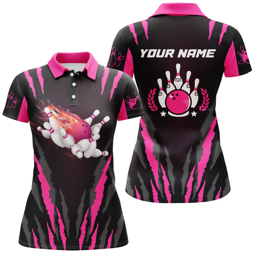 Women bowling polo Shirts custom Flame Bowling Ball & Pins bowling jerseys,  bowling gifts | Pink NQS5494