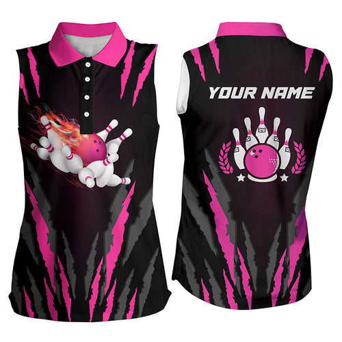 Women bowling sleeveless polo Shirts custom Flame Bowling Ball & Pins bowling jerseys | Pink NQS5494