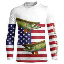 Load image into Gallery viewer, Musky Fishing American Flag Patriot Customize name UV protection long sleeve patriotic fishing shirts NQS477